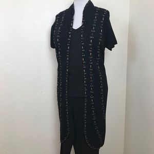 Vintage Adrienne Vittadini Long Duster Jacket Black Knit Brass Studs And Trim